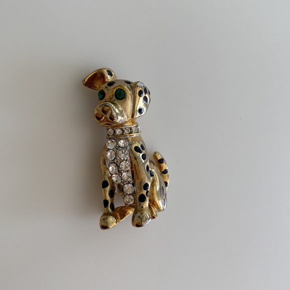 Dog Pin Brooch Gold Crystal Rhinestones Black Enamel Spots Spotted Dog Dalmation - Picture 5 of 11